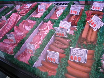 meat in a butcher case